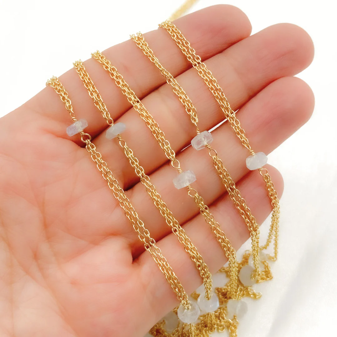 White Moonstone Rondel Shape Gold Plated Wire Chain. WMS18 - Image 3