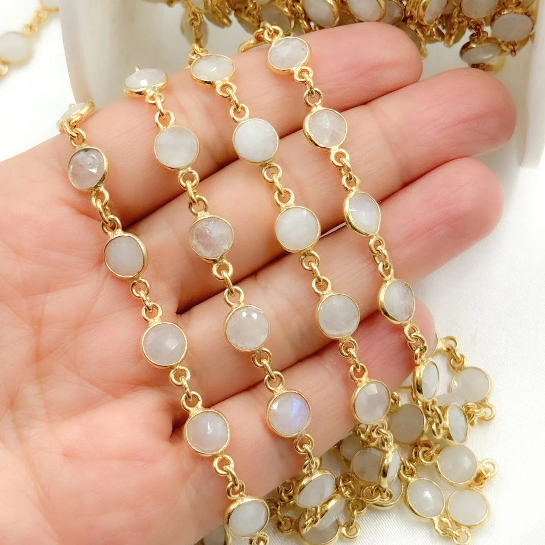 White Moonstone Round Shape Bezel Gold Plated Wire Chain. WMS12 - Image 3