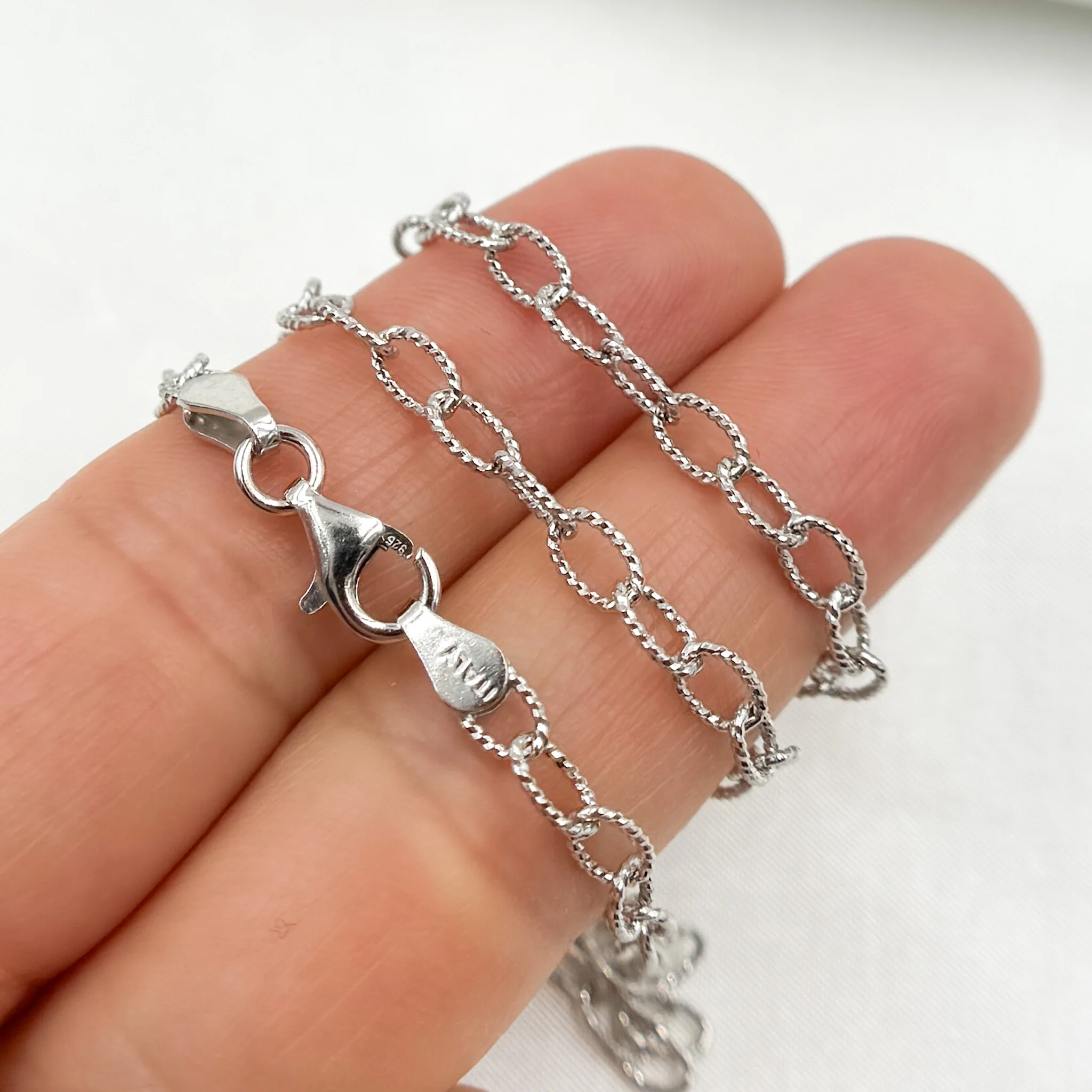 80DRH. White Rhodium Sterling Silver Textured Cable Necklace - Image 3