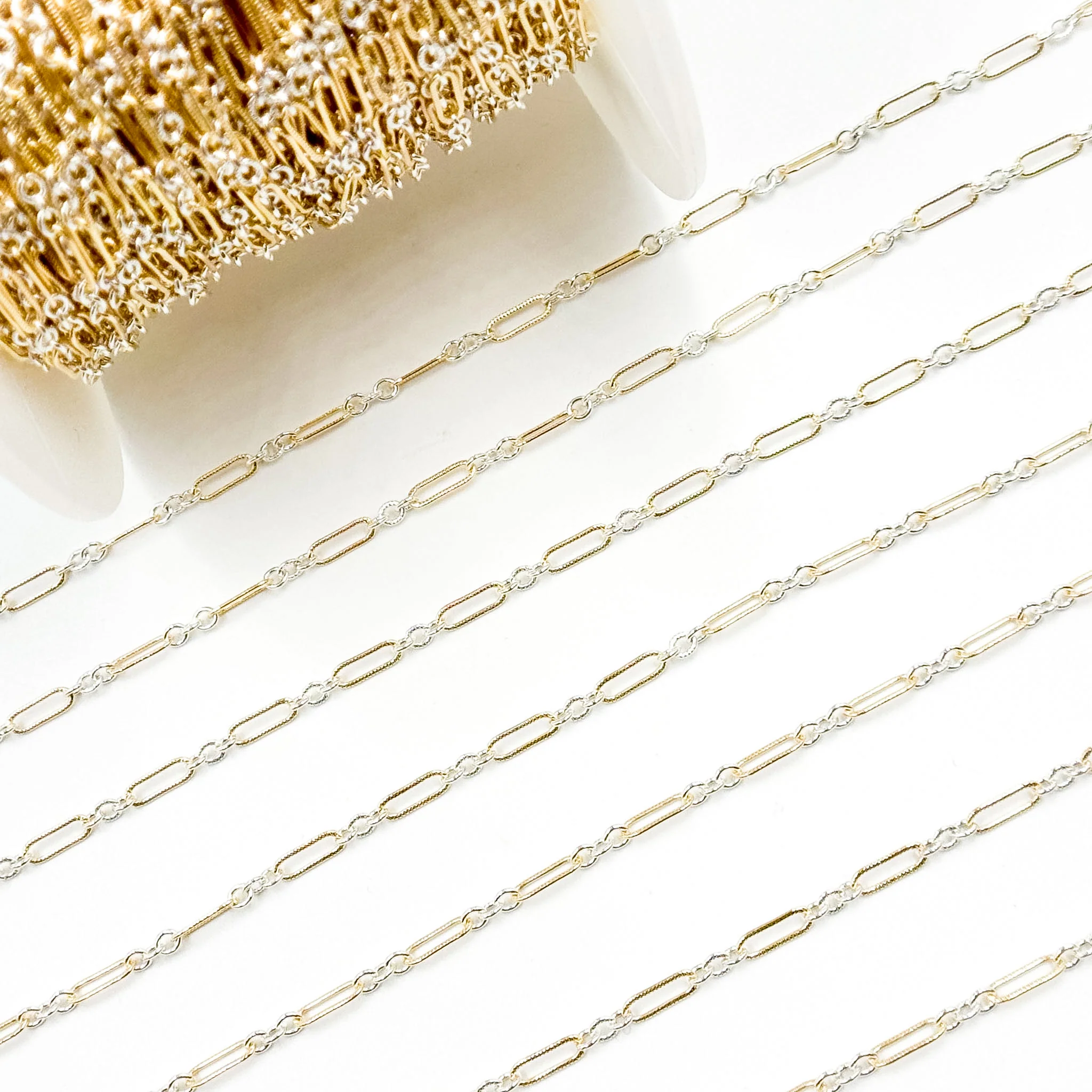 XM/1931K/SP. 14K Gold Filled and Sterling Silver Knurled Link Chain – Long & Short Pattern - Image 10