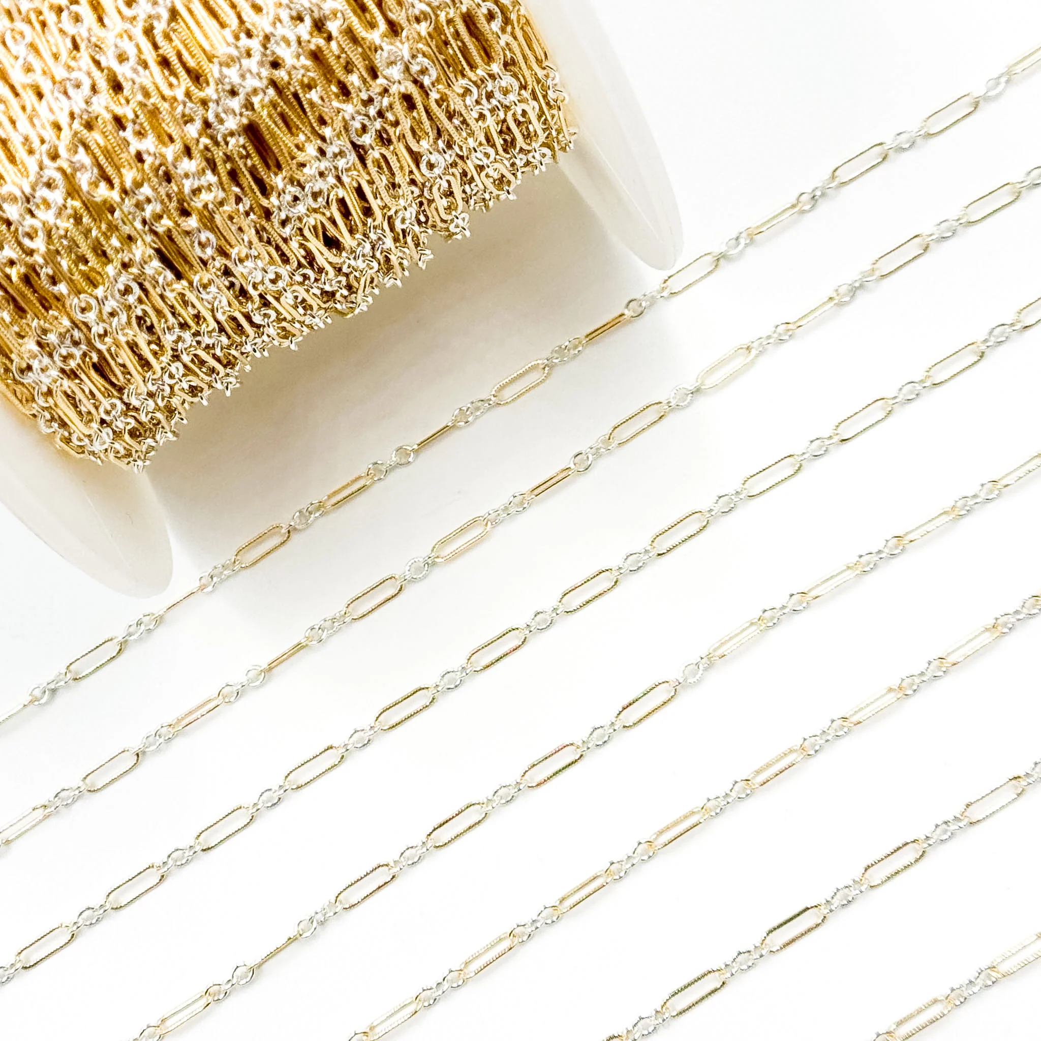 XM/1931K/SP. 14K Gold Filled and Sterling Silver Knurled Link Chain – Long & Short Pattern - Image 5