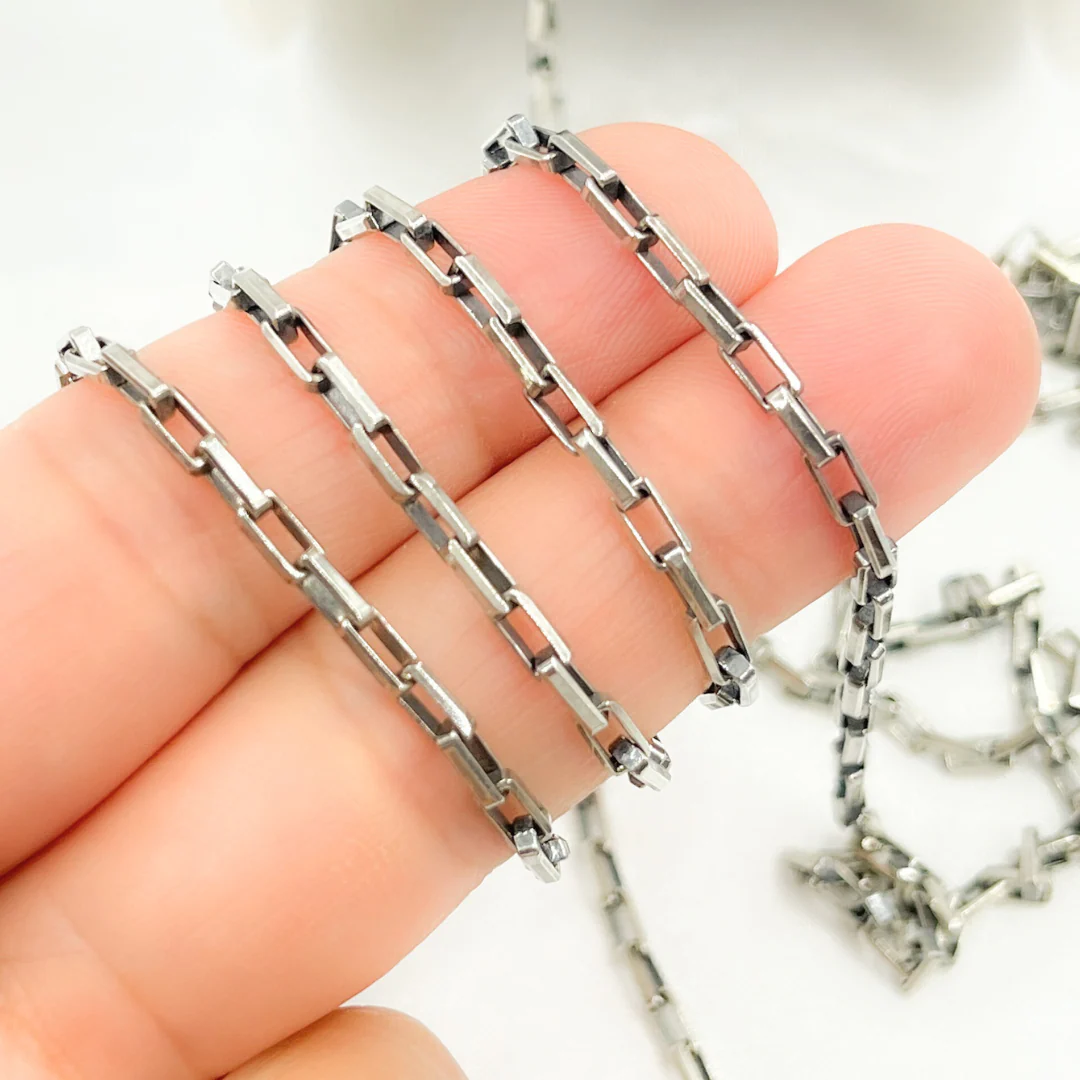 Y45OX. Oxidized Sterling Silver Diamond Cut Box Link Chain