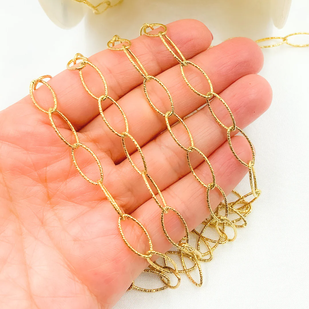 Y82GP. Gold Plated 925 Sterling Silver Hammered Oval Link Chain
